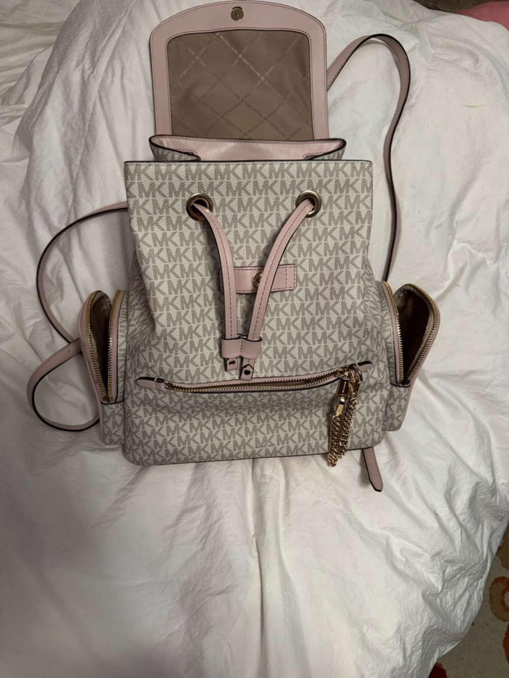 Michael Kors Jet Set Powder Pink Logo-Print Canvas Backpack with Gold Chain - Picture 3 of 7